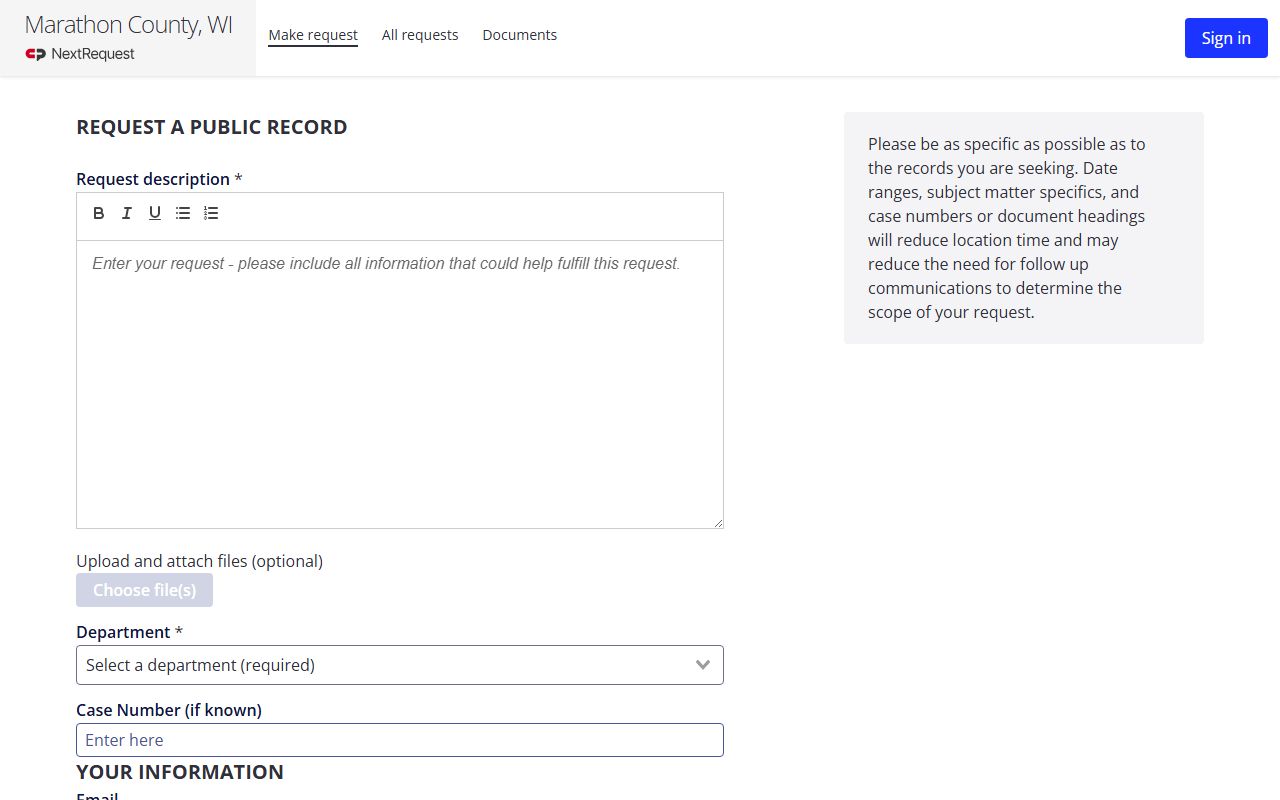 Marathon County public records request form for inmate records